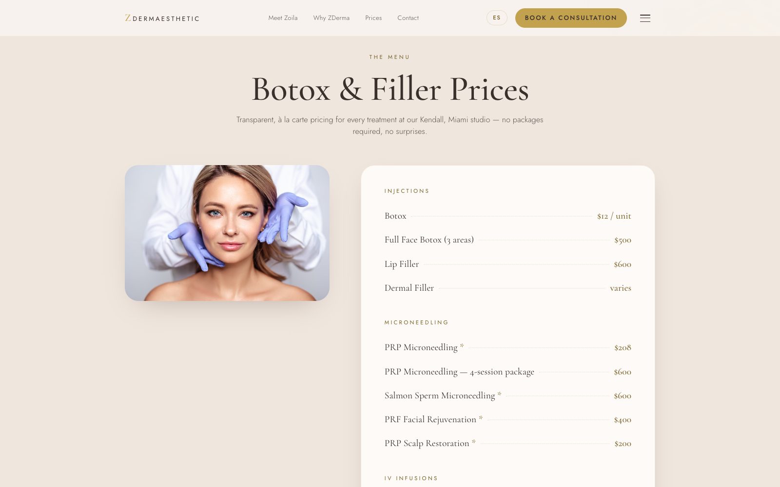 ZDerma Esthetics prices & services page. A medical aesthetics studio in Kendall, Miami